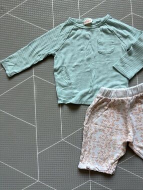 Vintage baby girl cropped wide leg ditsy floral white pants & Mint Ribbed Top•6M